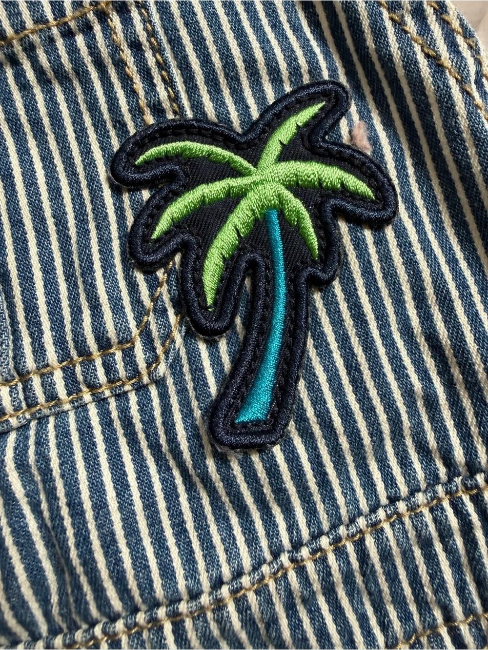 Striped Denim Overalls Shortall with Green Patches